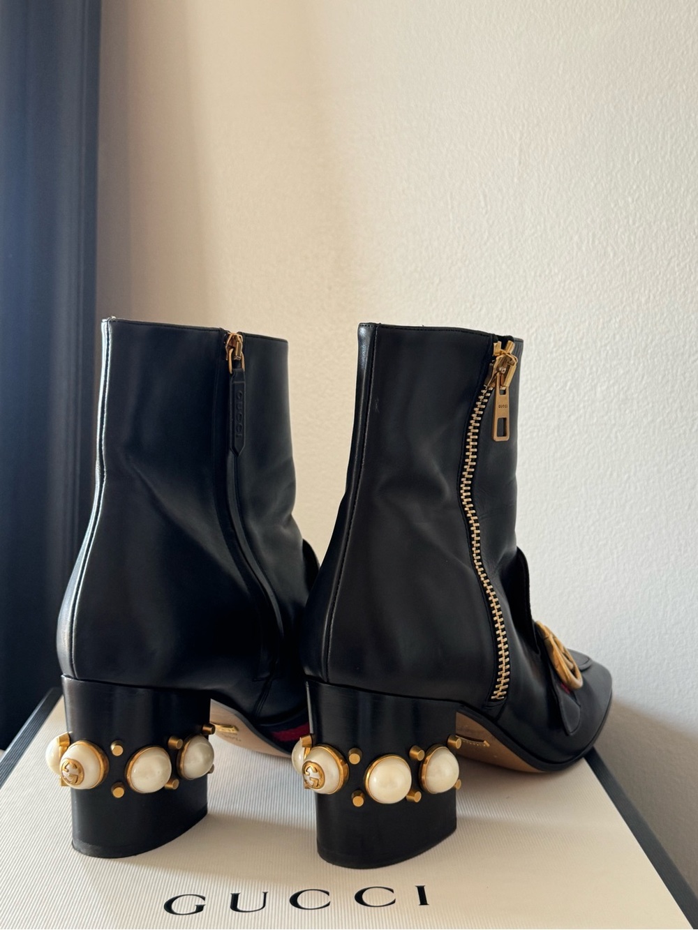 Gucci Black Leather Ankle Boots with Gold GG and Pearl Heel Accents - Picture 9 of 14